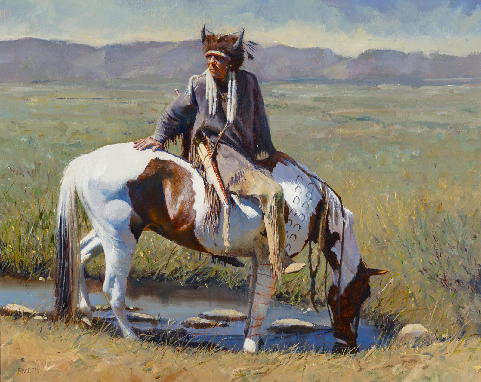 John Fawcett (b. 1952), Indian on Paint: Lone Scout, oil on board, 16 x 20 inches; 24 x 28 inches: John Fawcett (b. 1952) Indian on Paint: Lone Scout oil on board signed lower left: Fawcett © 16 x 20 inches; 24 x 28 inches (frame) Provenance: Private Collection, Houston, Texas