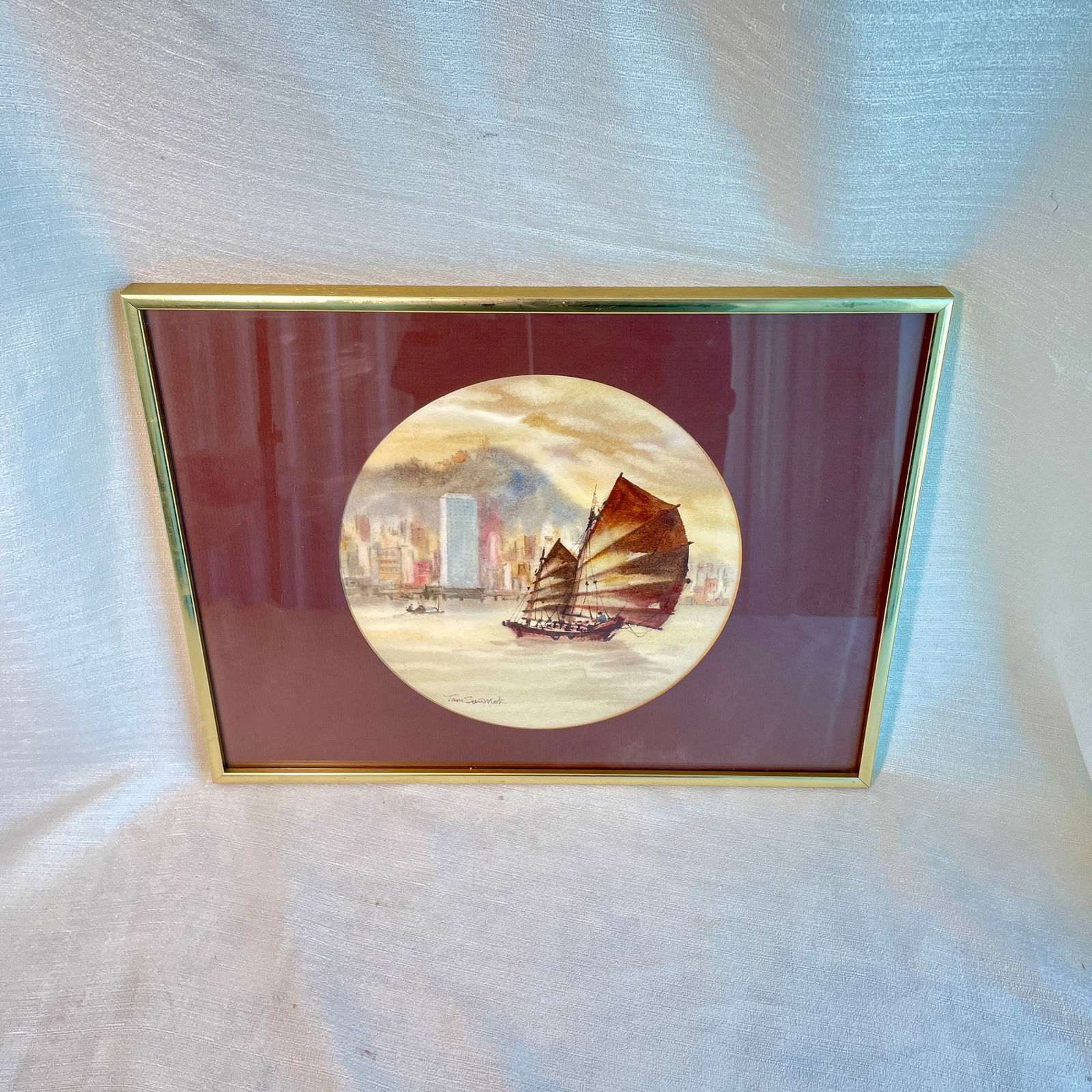 Water Color Hong Kong Chinese Fishing Boats on City Bay (1 of 13)