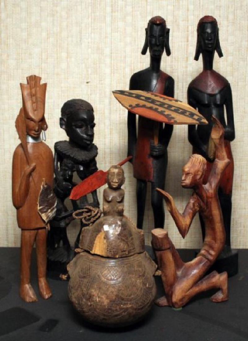 Grouping of 6 wood carved figures (1) being a lidded (1 of 8)