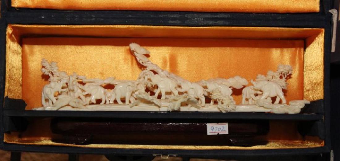 Two Chinese carved & veneered bone models of: Two Chinese carved & veneered bone models of landscapes, modern; length: the longest 11 inches