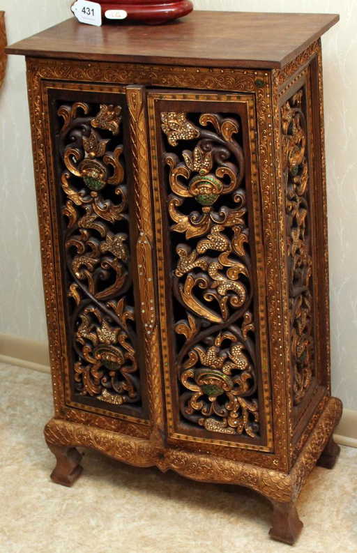 Thai Wood Carved Mirror Lied Tall Two Door Cabinet