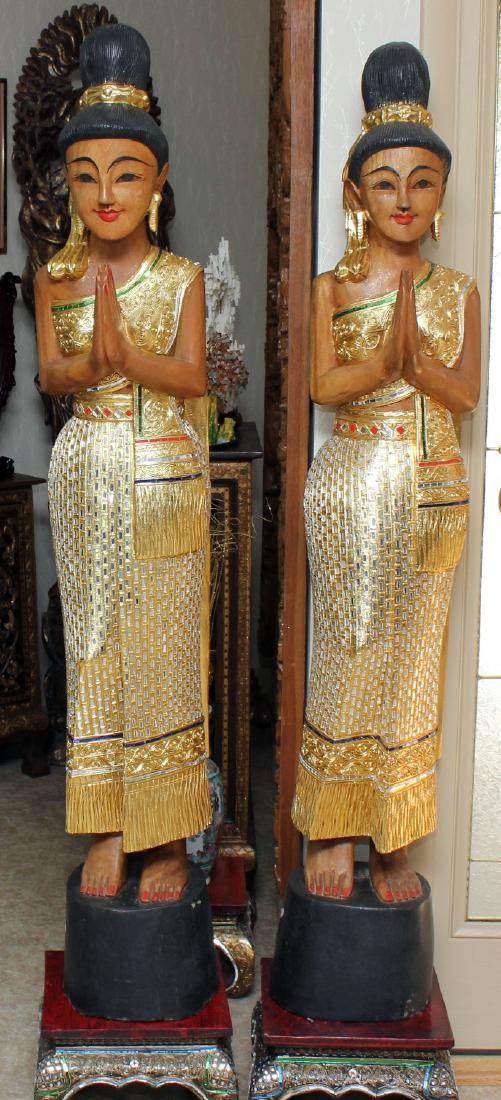Pair of Thai wood carved mirror applied Sawasdee ladies (1 of 4)