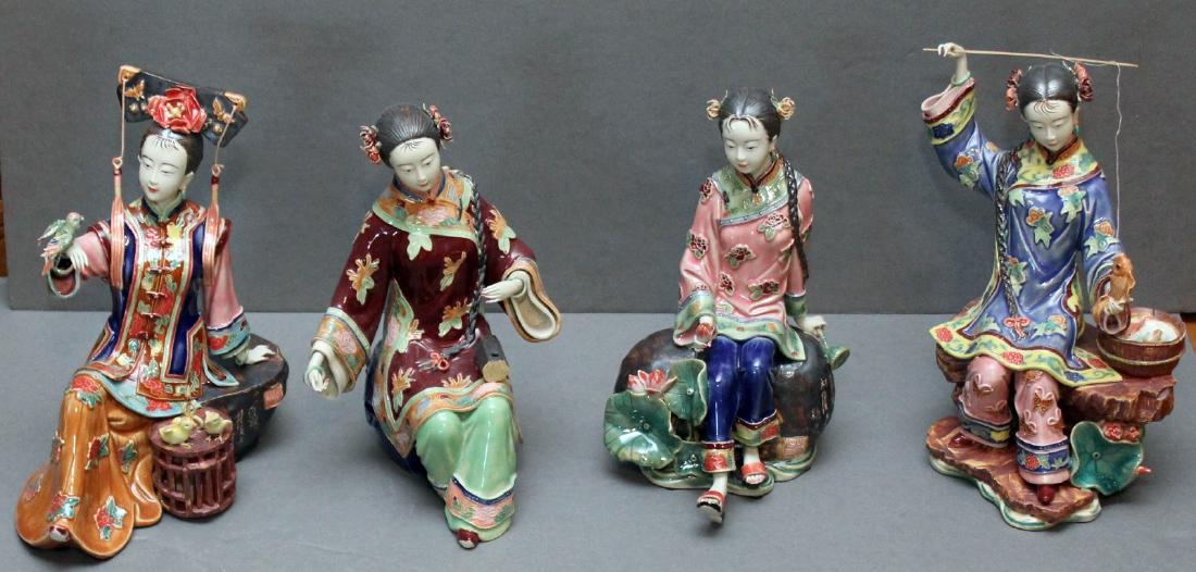 Set of 4 Chinese clay lady figures - fisher, bird, (1 of 6)