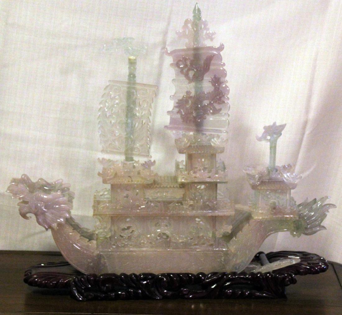 Chinese carved purple Jade boat with original shipping: Chinese carved purple Jade boat with original shipping crate; 23" x 21"