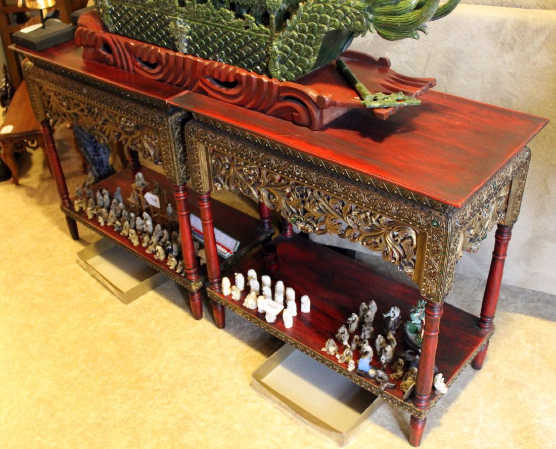 Pair Thai mirror applied ornate wood carved tables; 30" (1 of 2)