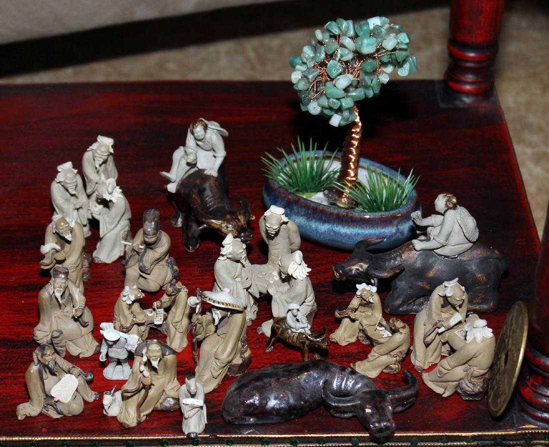 (17) clay figures wisemen gaming, drinking, playing: (17) clay figures wisemen gaming, drinking, playing music, riding musk ox; ranging from .5" x 1.5" to 4" x 3" and hardstone carved bonsai 4" x 5.75" & 2.5" diameter brass coin