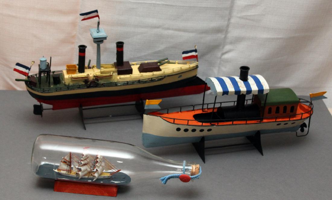 ship in a bottle, 2 tin boat models, bottle 11.5" ships (1 of 4)