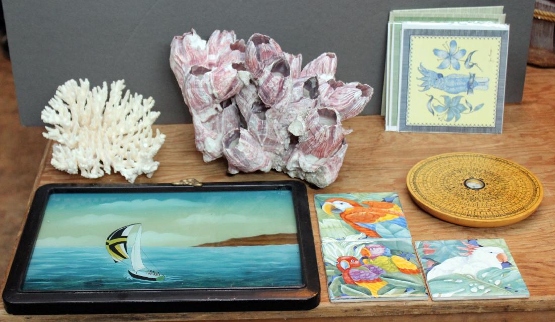 nautical lot of coral; sailship in glass painting;: nautical lot of coral; sailship in glass painting; compass; lg coral 11" x 7.5"