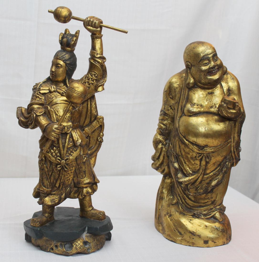 2 Chinese wd carved gilted statues Happy Fat Man is (1 of 2)