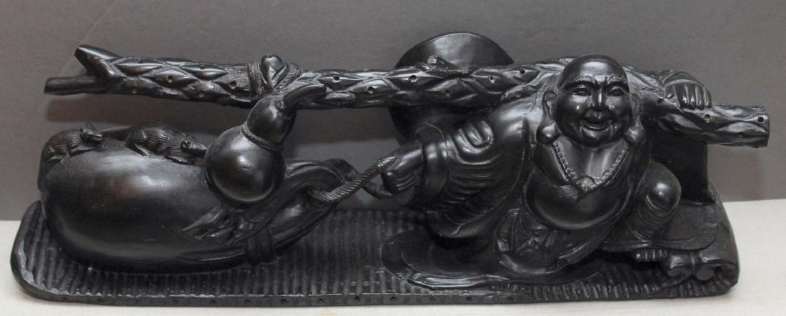 pair Chinese wood carved happy fat men; 20.5" x 7.5": pair Chinese wood carved happy fat men; 20.5" x 7.5"