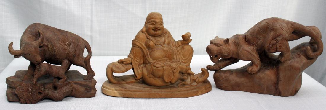 set of 3 Chinese carved wd figures -- tiger, water: set of 3 Chinese carved wd figures -- tiger, water buffalo & happy fat man; average is 10" x 7"