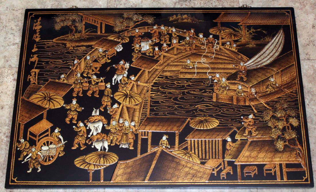 Chinese black lacquer decorated bridge scene wall (1 of 1)