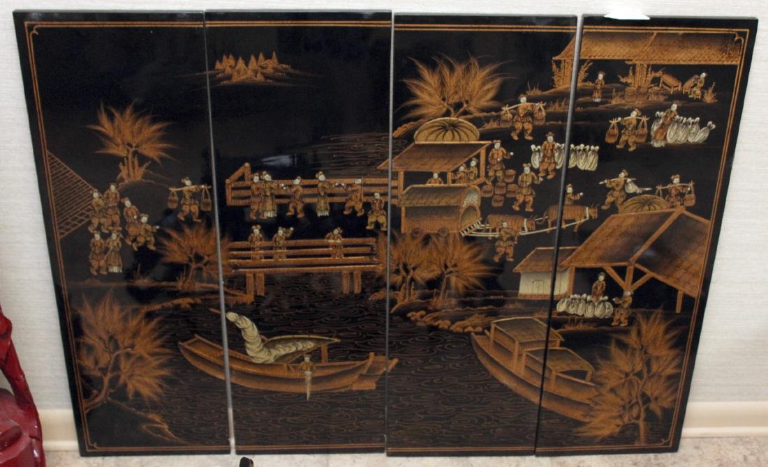 Chinese black lacquer 4 panel set of market scene (1 of 1)