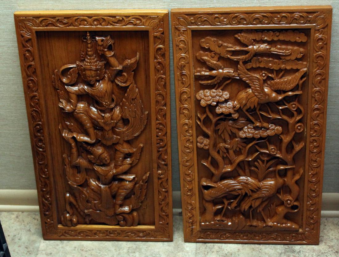 pair Burmese wd carved panels -- 1 is birds 1 is (1 of 1)