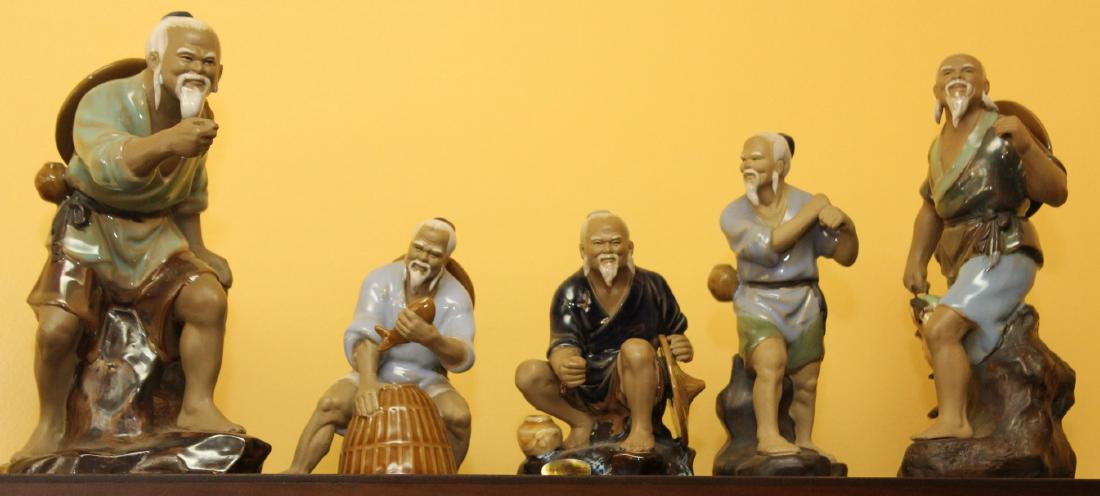 Set of 5 glazed clay Chinese figures of fishermen, etc. (1 of 1)