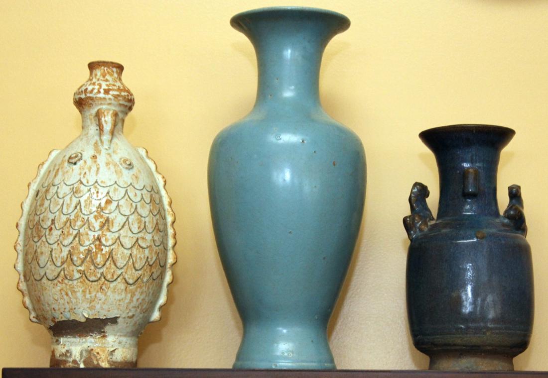 Set of 3 Chinese glazed vases, fish form and horse (1 of 1)