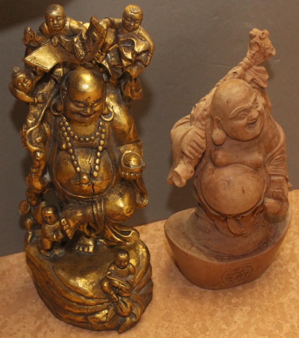 2 Chinese wd carved statues, 1 gilt deco wiseman 9" x: 2 Chinese wd carved statues, 1 gilt deco wiseman 9" x 22" showing separations, 1 happy fat man 8" x 17" having rear separation