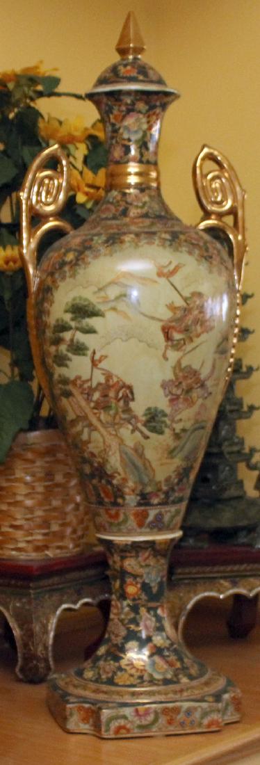 Chinese porcelain double handled lidded urn w/scene of (1 of 2)