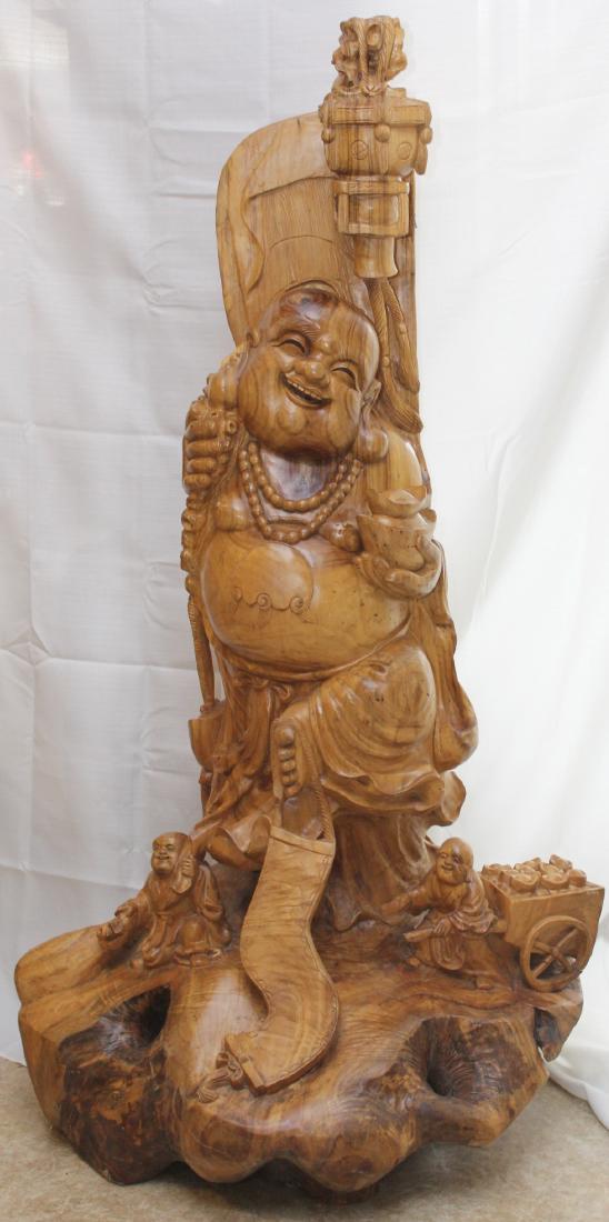 Chinese large carved wood figural group with Hotai and (1 of 4)