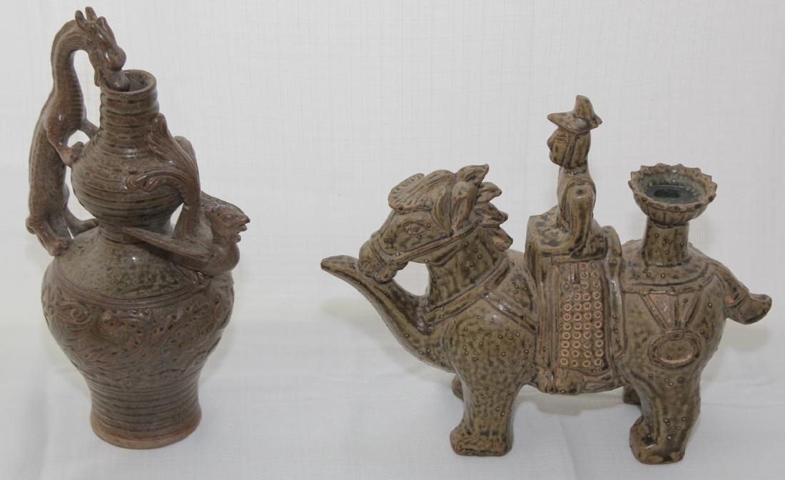 (2) Celadon glazed figure of man & horse & ewer & (1 of 6)