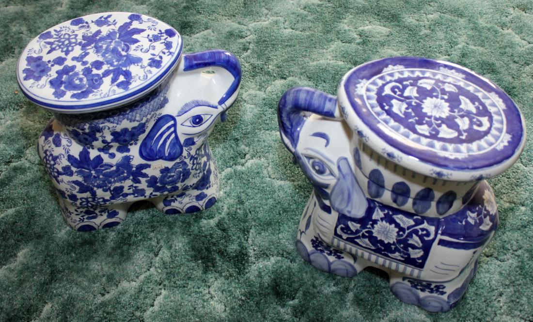 (2) Blue & white glazed porcelain elephant stands 15" x (1 of 5)