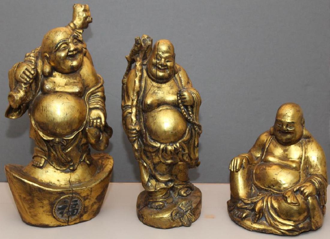set of 3 wood carved gilded happy fat men showing light: set of 3 wood carved gilded happy fat men showing light separation cracks, tallest 16"h, shortest 9"h