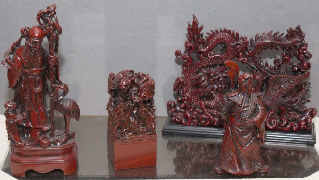 set of 4 Chinese red resin statues, wisemen, warriors (1 of 5)