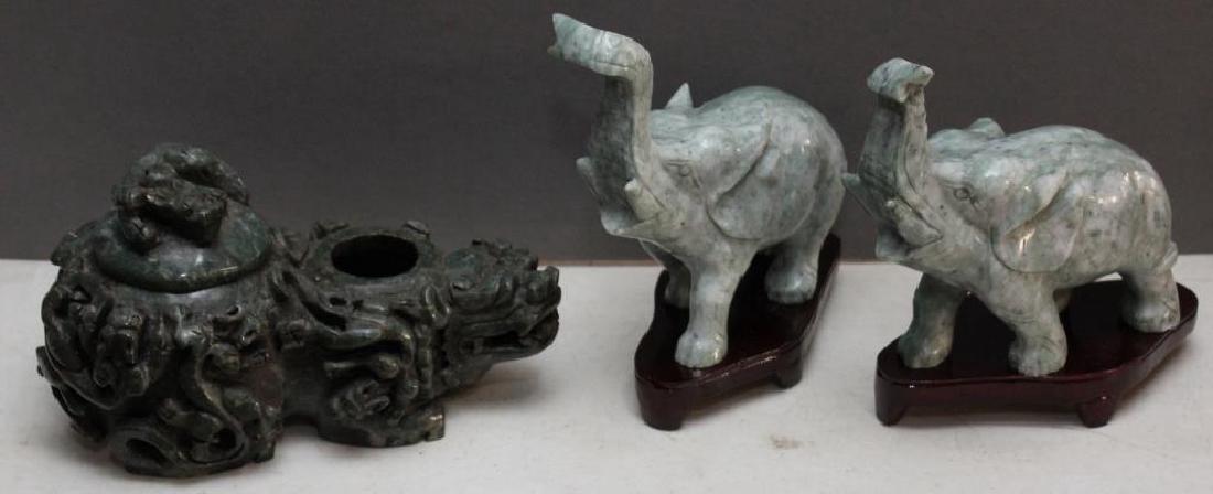 pair Chinese carved Jade hardstone elephants on stands (1 of 3)