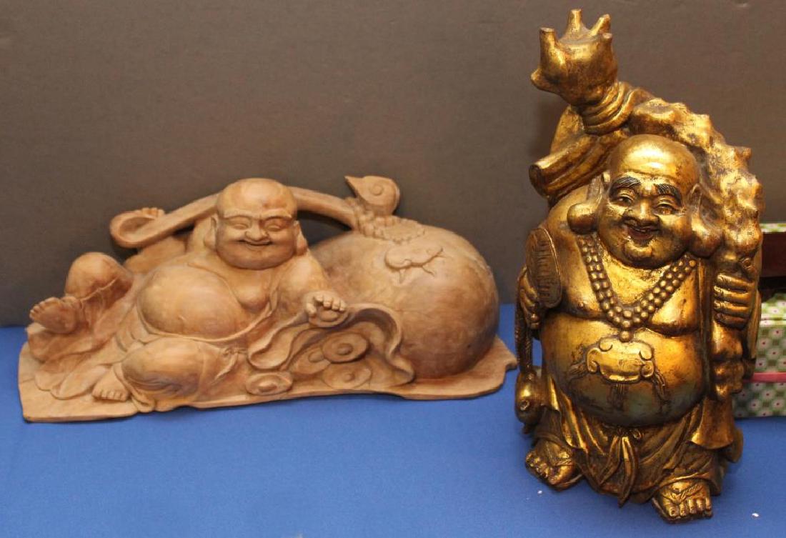 2 wood carved happy fat men, 1 gilt decorated 13" high,: 2 wood carved happy fat men, 1 gilt decorated 13" high, 1 holding ruyi w/slight separation 16" wide x 6.5" high