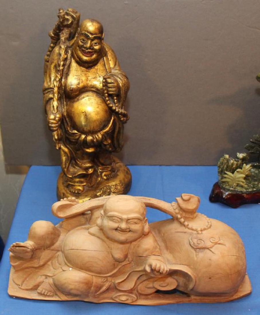 2 wood carved happy fat men, 1 gilt decorated 14.5": 2 wood carved happy fat men, 1 gilt decorated 14.5" high, 1 holding ruyi w/slight separation 15.5" wide x 7.75" high