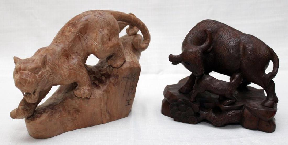 pair Chinese wood carved animals, tiger 10.5" wide x 7" (1 of 5)