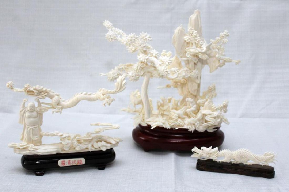 Chinese carved bone veneered landscape of horses &: Chinese carved bone veneered landscape of horses & birds 9.75" wide x 10" high, a grouping w/ happy fat man & dragon 7" wide x 6.5" high & a dragon 5.25" wide x 1.25" high