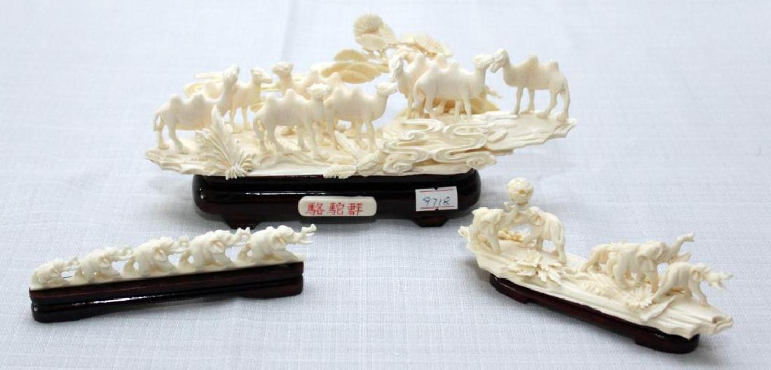 Chinese carved bone veneered landscape of camels 8.75": Chinese carved bone veneered landscape of camels 8.75" wide x 4" high, elephants 5.5" wide x 2.5" high & elephants 5" wide x 1.25" high