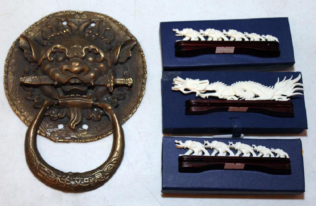 3 Chinese carved bone composition dragons & elephants,: 3 Chinese carved bone composition dragons & elephants, approx 5.5" wide x 2" high in original boxes & a brass mythical beast ring holder
