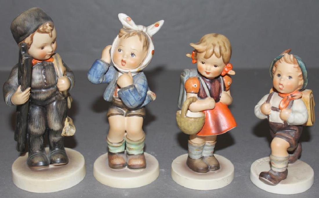 (4) Hummels- "Boy With Toothache" 5.5"; Chimney Sweep: (4) Hummels- "Boy With Toothache" 5.5"; Chimney Sweep #722/1 Germany, 5.75"; "School Girl" #81/0, 5"; & "School Boy" 82 2/0, 4.5"