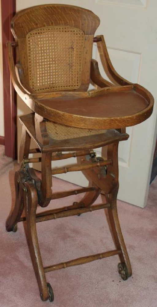 Antique Converting High Chair/rocker On Wheels, Oak - Antique Converting High Chair/rocker On Wheels, Oak
