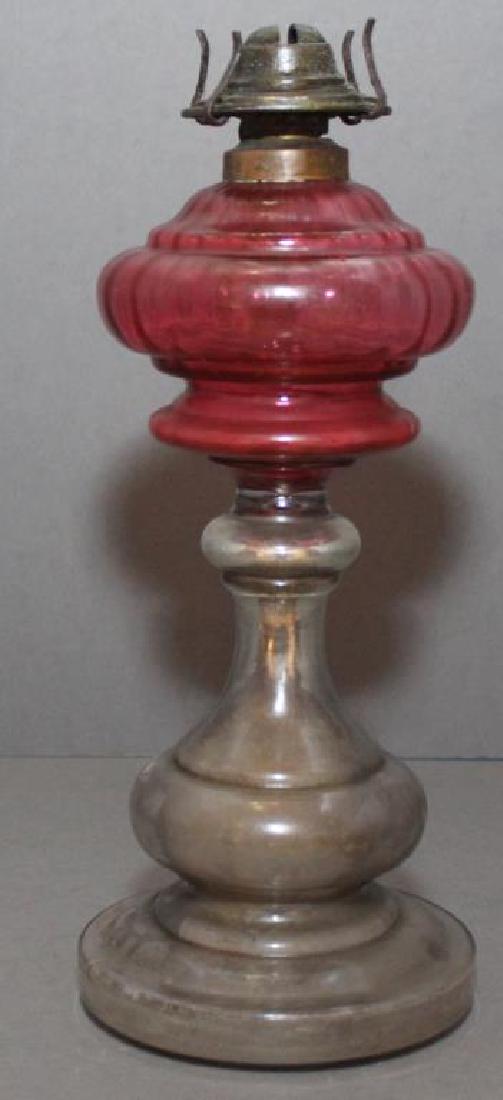 Mercury glass pedestal with cranberry glass bowl,: Mercury glass pedestal with cranberry glass bowl, burner "Eagle", 11.5" tall x 5.25" diameter