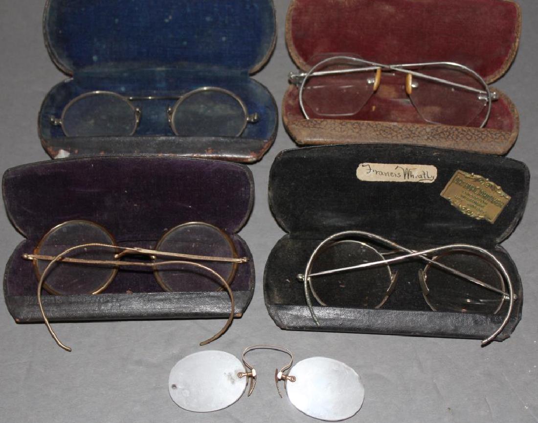 (4) pair old eye glasses, (1) pair Pince Nez, 1 missing: (4) pair old eye glasses, (1) pair Pince Nez, 1 missing ear pieces