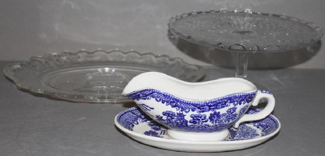 Perkins pattern cake stand, Bicentennial platter, &: Perkins pattern cake stand, Bicentennial platter, & Blue Willow gravy