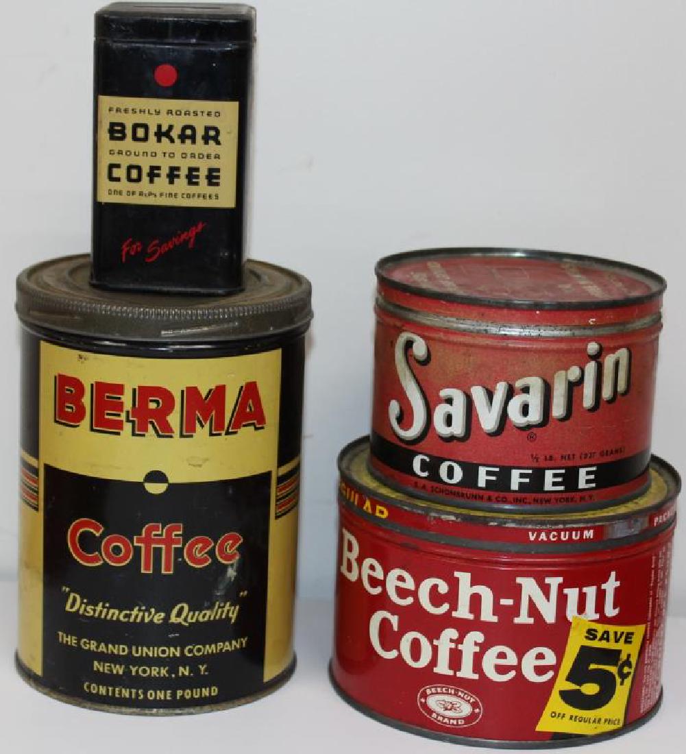 4 coffee tins- Bokar (bank), Berma, Savarin, & (1 of 2)
