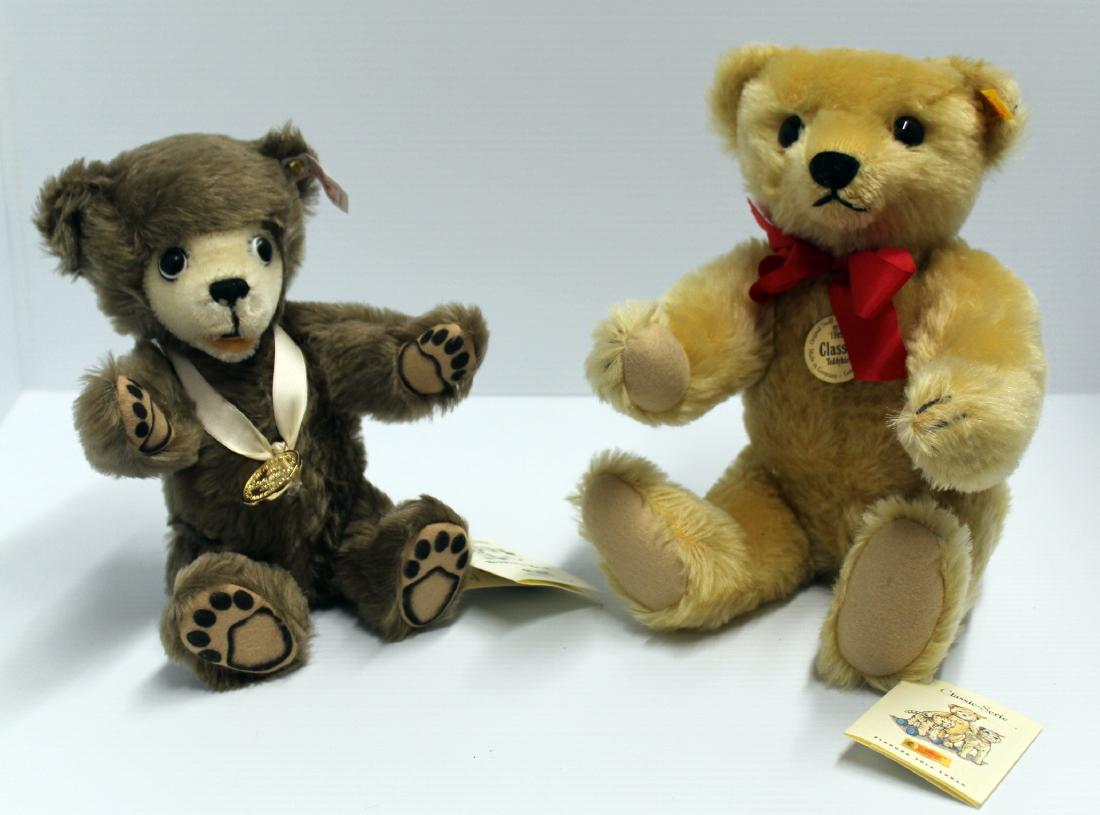 (2) Steiff Bears; "The Berryman Bear", button in: (2) Steiff Bears; "The Berryman Bear", button in ear and pendant on bear "US Naming of the 1906 Teddy Bear 1996 90th Anniversary", jointed, Mohair, 10"; "1909 Classic Teddybar" #000379, Growler, Mohai
