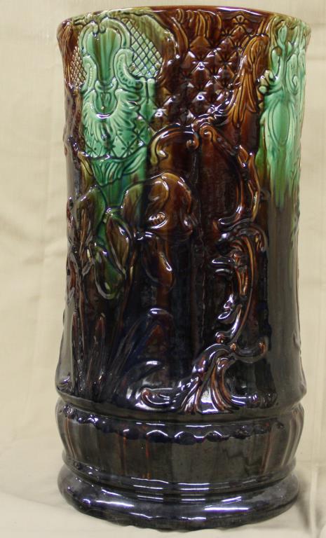 Majolica umbrella holder, 19" high x 10" diameter: Majolica umbrella holder, 19" high x 10" diameter
