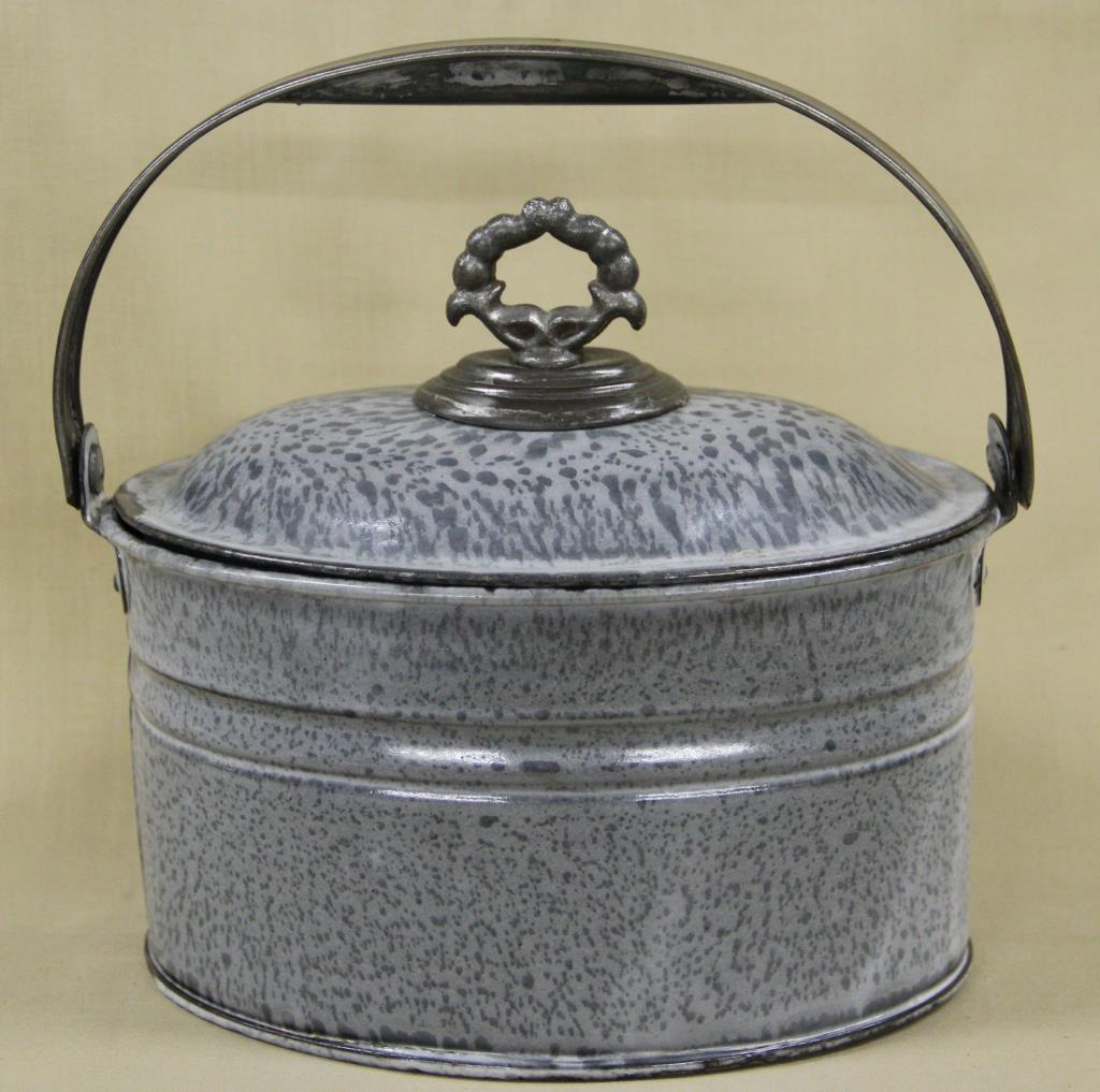 gray agateware oval lunch pail with agate lid, (1 of 1)