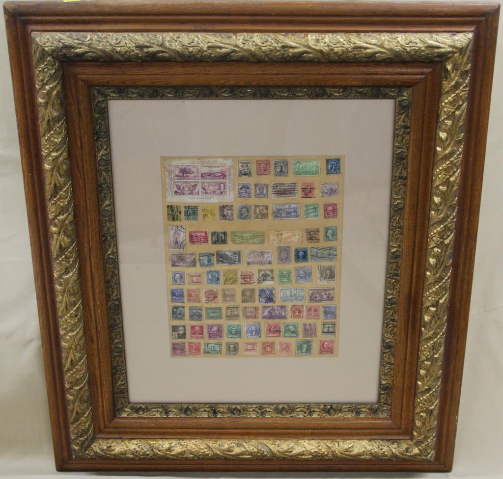 pair oak & gilt frames with cancelled US stamps, (1 of 4)