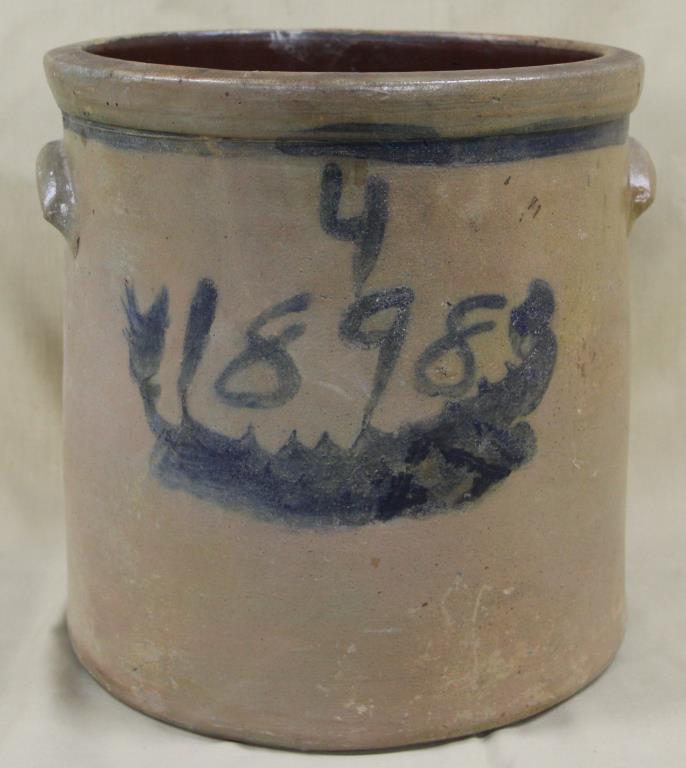 1898 blue decorated salt glazed crock, 4 gallon (1 of 2)
