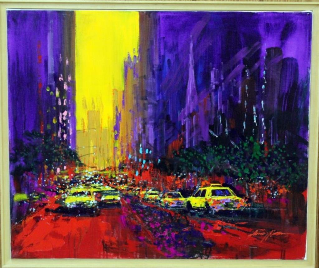 Kerry Hallam "New York Evening" mixed: Kerry Hallam "New York Evening" mixed medium on canvas, framed, 30" x 36", SLR