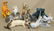 tray lot (12) ceramic & paper cat figurines,