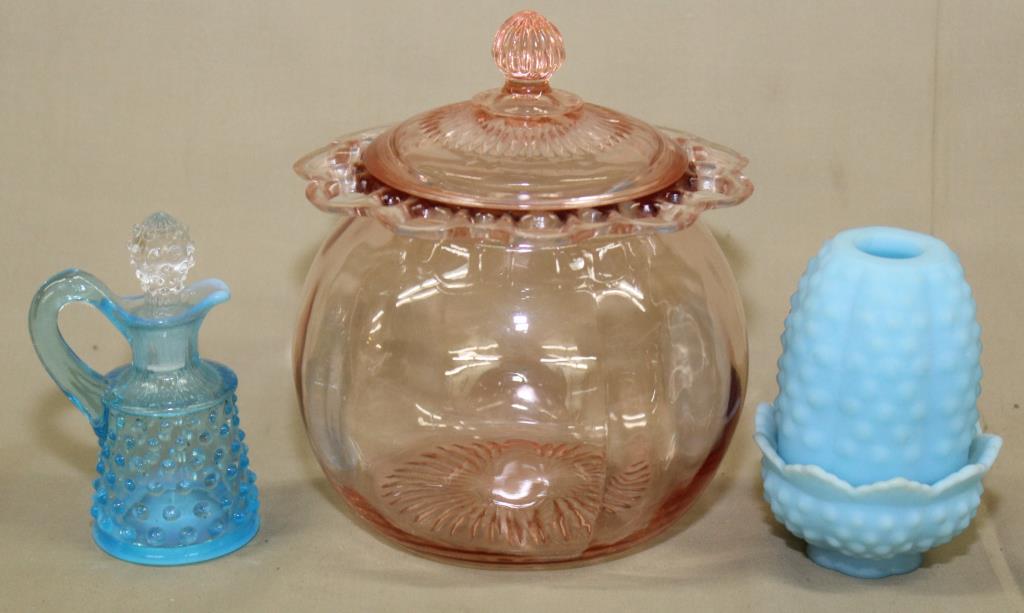 Pink Depression glass Ball cracker jar with lid, (1 of 1)