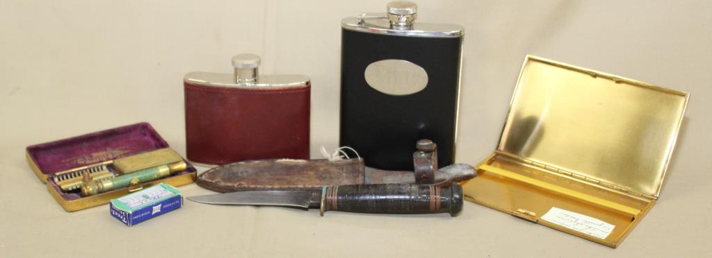Gillette double edge razor in case, cigarette case: Gillette double edge razor in case, cigarette case 2 flasks, leather handle knife with sheath