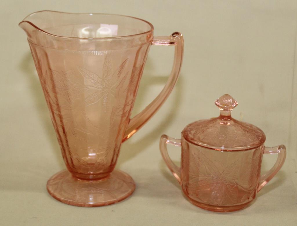 Pink Depression glass pitcher & covered sugar, (1 of 1)